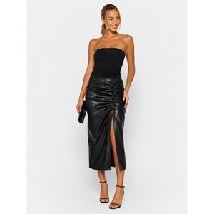 NWT Zara Black Faux Leather Ruched Front Slit Midi Pencil Skirt Size L New NEW